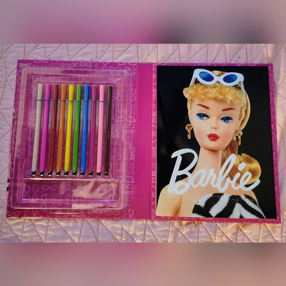 NIB Barbie Hard Cover Coloring Book Set 10 Vibrant Washable Markers Retro-themed - Picture 3 of 9